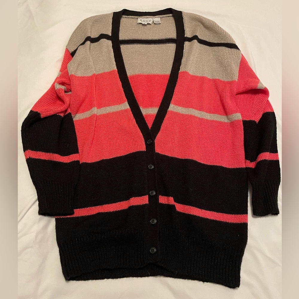 Pink, tan and black striped cardigan sweater, size M